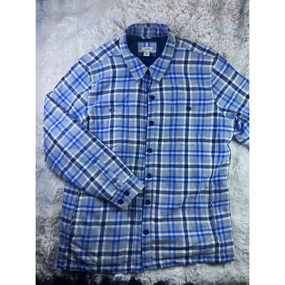 L.L.Bean Mens XL Blue Gray Plaid Button Front Shacket Jacket Lined Pockets. A27
